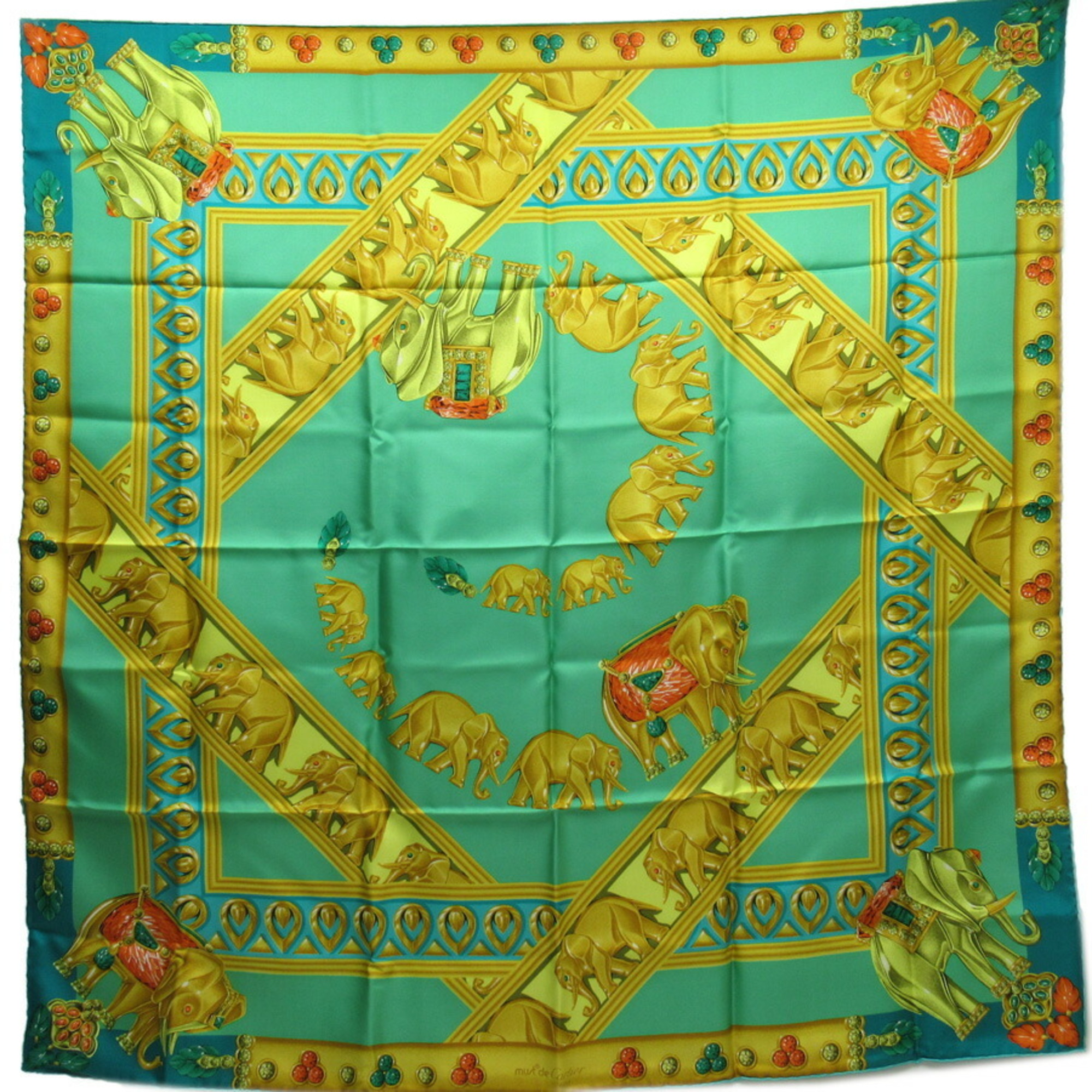 Cartier Scarf Candy Elephant Green X Gold 100% Silk